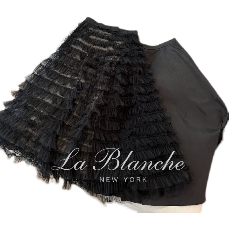 La Blanche【D*or黑天鹅】蕾丝网纱层层蛋糕裙高腰黑色垂感半身裙
