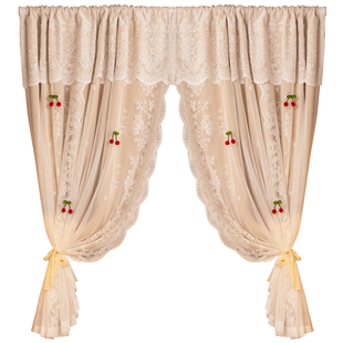 法式蕾丝双层遮光窗帘小窗户免打孔儿童房公主风卧室飘窗樱桃门帘