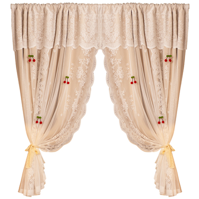 法式蕾丝双层遮光窗帘小窗户免打孔儿童房公主风卧室飘窗樱桃门帘