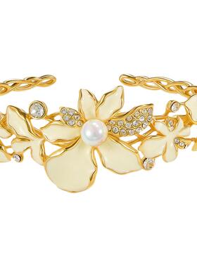 【绽放】白色花朵镶钻开口手镯女