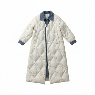 300斤大码胖mm假两件设计感牛仔拼接棉服女冬季保暖中长款厚外套