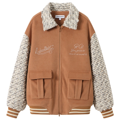 ANDREA MARTIN冬新款羊毛绵羊毛小香风拼接烫珍珠呢外套短外套