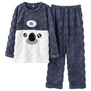 法兰绒睡衣男款冬款高端圆领套头保暖冬季加厚珊瑚绒男士家居服