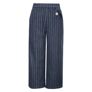 秋冬款羊毛呢阔腿七分裤竖条纹宽松休闲显瘦深灰高腰呢子九分裤女