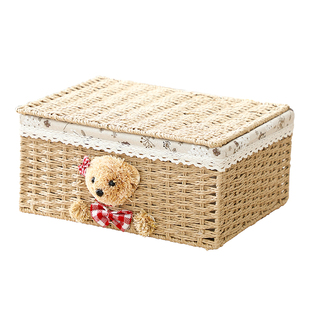 田园布艺收纳筐草编藤编带盖收纳整理箱化妆品收纳盒桌面收纳篮子