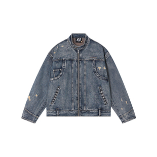FORNINES美式复古微短款牛仔衣外套男女潮牌春季做旧水洗立领夹克