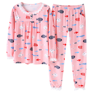 帕兰朵睡衣女春秋款长袖长裤纯棉套装秋季女士宽松大码韩版可外穿