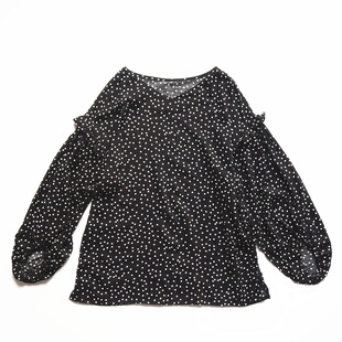 《7月生活》外贸日单 特价绵软垂顺百搭黑白水玉肩膀花边宽松衬衫