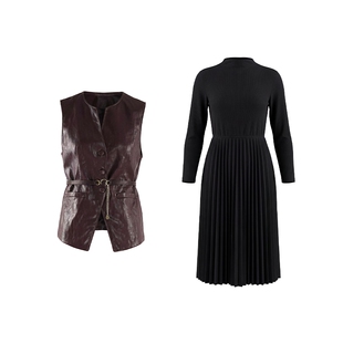马天奴2026春夏新款收腰马甲半高领压褶长袖连衣裙子两件套装女装