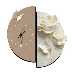 奶油风客厅转角挂钟抽象花卉发光双面钟创意时钟家用静音钟表挂画