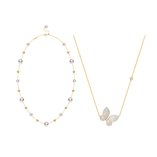 HELAS赫拉蝴蝶白贝母项链满天星珍珠项链18K金钻石套装珠宝女新款