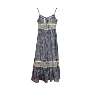 七月伊萨尔 古着复刻小众蕾丝吊带连衣裙莫兰迪蓝碎花大裙摆