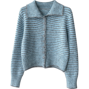 日韩系复古翻立领混羊绒毛衣外套女秋冬洋气条纹休闲百搭针织开衫