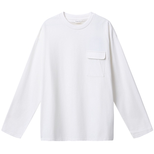 流石男装简约口袋宽松长袖T恤2026年春秋季新款打底男生百搭上衣