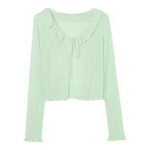 糖皮出品 不蔓不枝 荷叶花边系带 夏季轻薄奶绿色防晒针织开衫