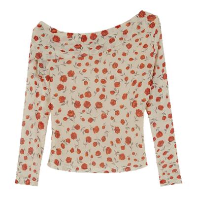 Asobio2026春新品玫瑰印花斜肩长袖修身弹力T恤时尚显瘦上衣466