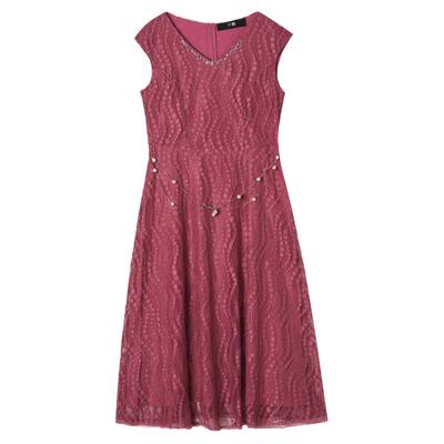 珍珠V领系腰带无袖连衣裙