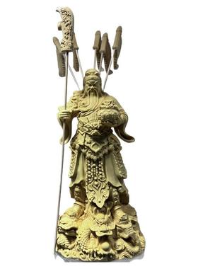 黄杨木雕五旗关公招财摆件