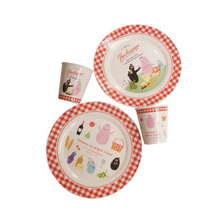 巴巴爸爸一家野餐系列陶瓷餐盘可爱红色格子卡通圆盘水杯耐高温