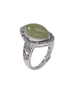 复古马眼蛋面戒指女士新中式晴水玉石开口指环事事如意镂空食指戒