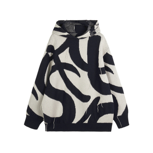 速写男装春秋新款针织衫连帽绵羊毛撞色提花OVERSIZE前卫长袖毛衫