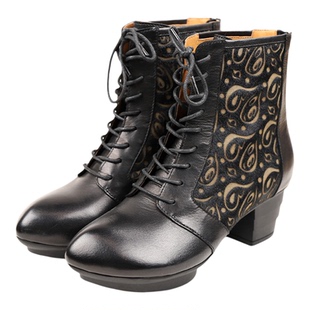 相伴真皮短靴女2025新款秋冬复古民族风窗花系带粗跟靴子手工女靴