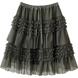 法式重工木耳边蕾丝网纱蛋糕蓬蓬短中裙女春夏miu韩系仙气半身裙