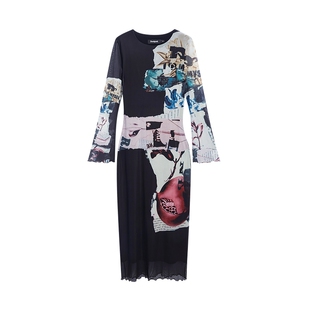 Desigual不对称拼贴报纸印花弹力网纱长袖连衣裙