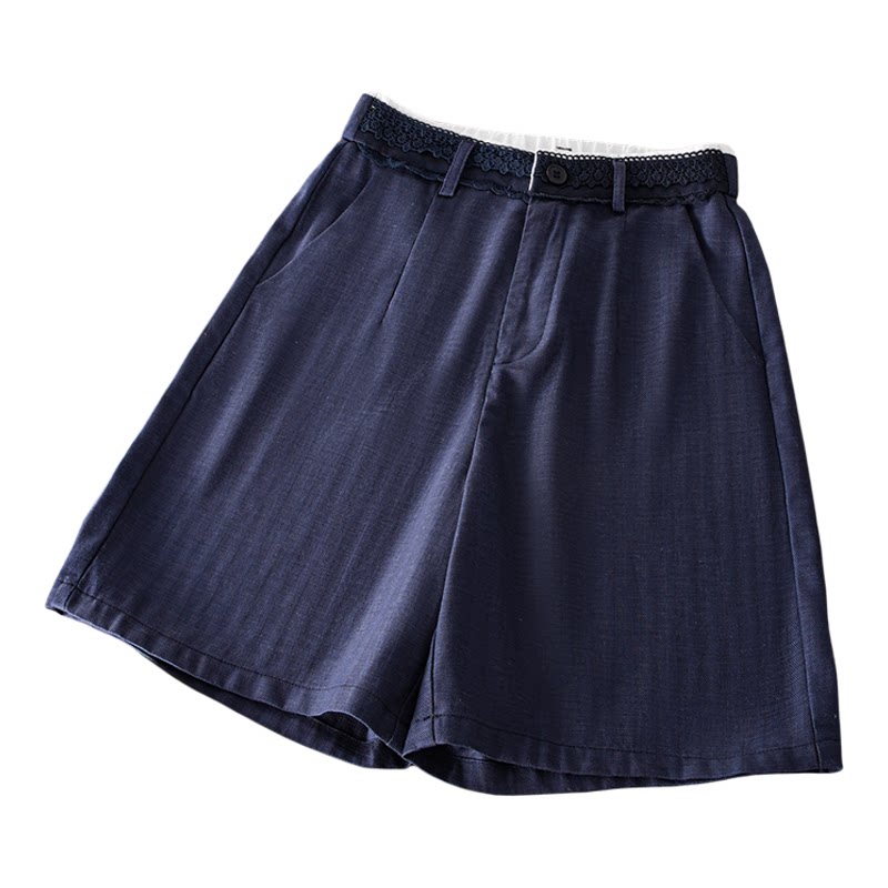 蕾丝高腰拼接亚麻短裤女夏季新款