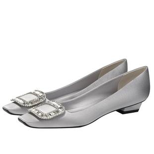 LUKE水钻方头粗跟单鞋女2025新款RV方头瓢鞋绸缎面百搭名媛高跟鞋