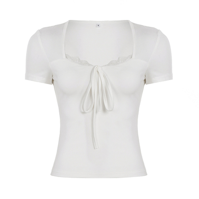 法式复古蕾丝花边蝴蝶结方领短袖