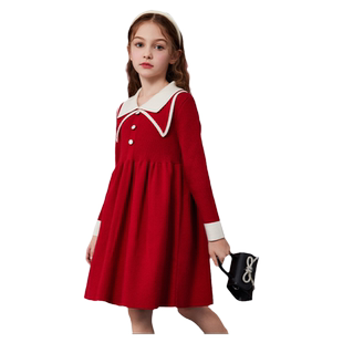 ask新年拜年服童装女童裙子2025新款儿童撞色针织公主裙