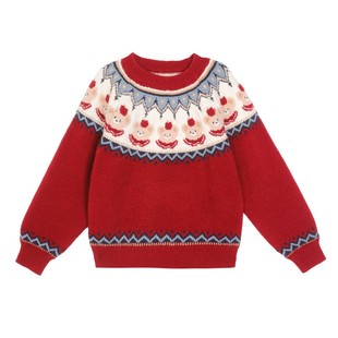 陈大猪童装女童红色毛衣过年新款费尔岛冬装保暖儿童开衫马年上衣