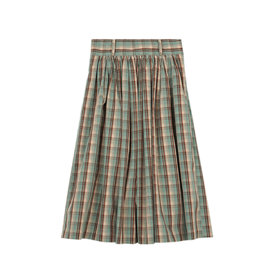 精梳棉色织格纹抽褶a字半身裙女