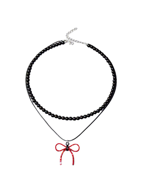 双层红钻蝴蝶结黑色串珠项链