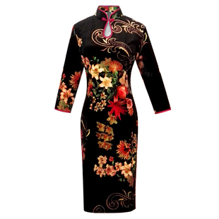 高档金丝绒旗袍2025秋季新款七分袖中长款妈妈装改良版连衣裙大码