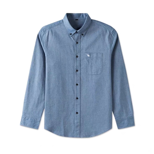 AF牛津纺长袖衬衫男装商务休闲纯色衬衣纯棉修身小鹿刺绣格子上衣