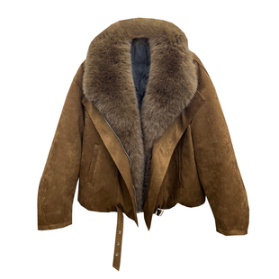 大毛领轻奢白鸭绒鹿皮绒厚外套女2025冬季新款时尚机车风羽绒服潮