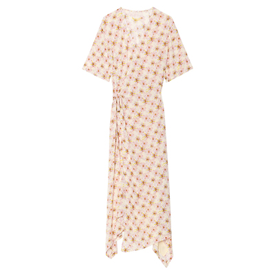 浪漫长款花色法式短袖V领连衣裙