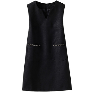 法式小香风小黑裙马甲背心裙口袋A字显瘦连衣裙 2025秋冬新款女装