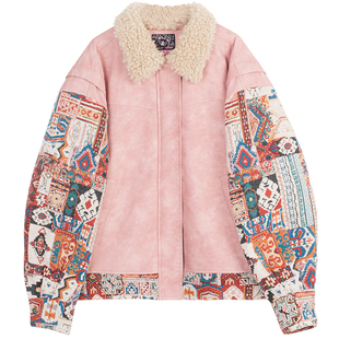 KEIKO[夹棉/保暖]异域风提花拼接皮衣棉服冬季美式毛领皮棉袄外套