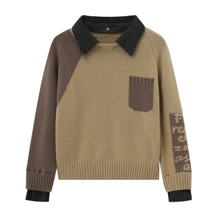 百家好绵羊毛翻领毛衣女秋冬2025新款针织休闲撞色假两件套头上衣