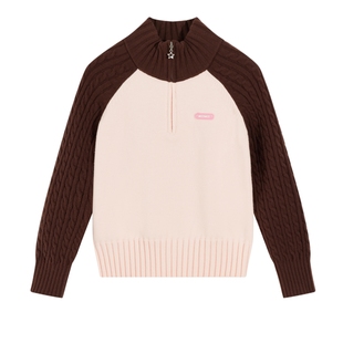 moomoo童装毛衣女童冬季新款拉链圆领舒适亲肤拼色绞花上衣