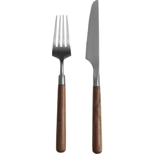 胡桃木牛排刀叉盘子专用套装家用不锈钢西餐餐具木柄刀叉勺三件套