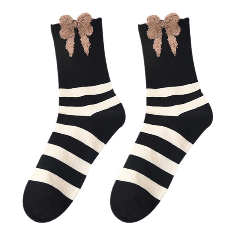 袜子女秋冬中筒袜羽毛纱笑脸蝴蝶结百搭外穿饰品韩版长筒纯棉黑色