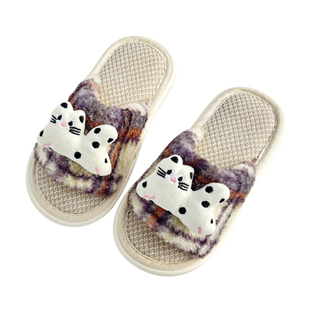 女童宝宝春秋季亚麻拖鞋儿童卡通可爱萌室内防滑小女孩棉麻居家拖