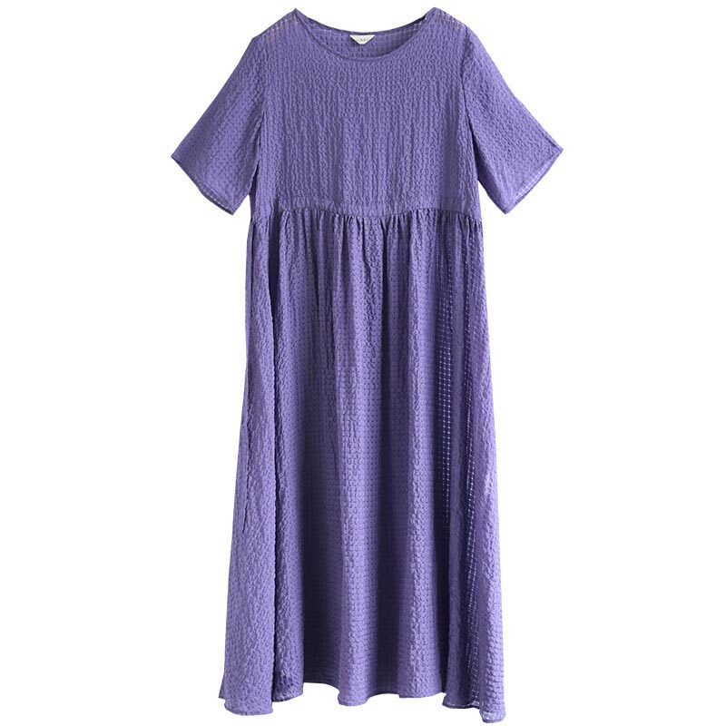 天丝棉麻短袖连衣裙女抽绳长裙夏