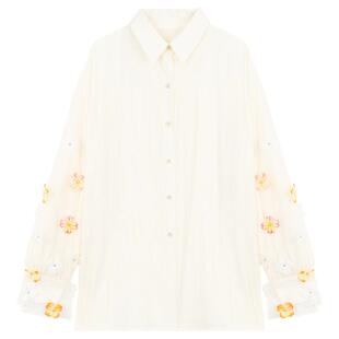 KEIKO 轻盈绉布扎花泡泡袖衬衫女26春季轻薄透气宽松防晒长袖上衣