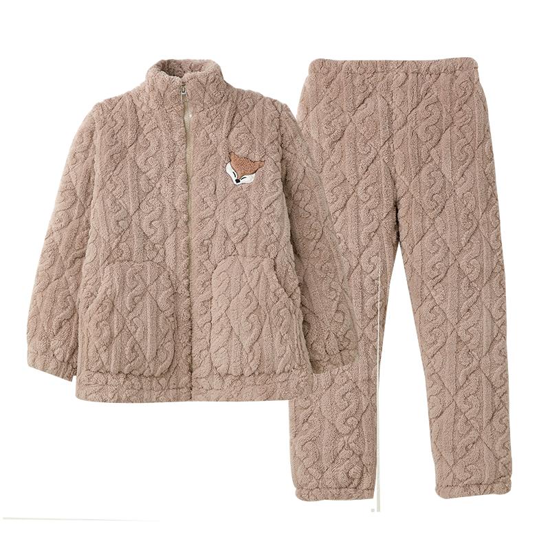 睡衣女冬季三层加厚珊瑚绒夹棉袄韩版可爱保暖加绒女士家居服套装