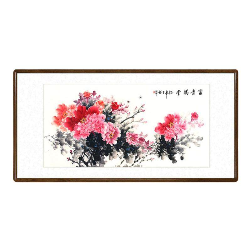国画牡丹中式客厅富贵带框